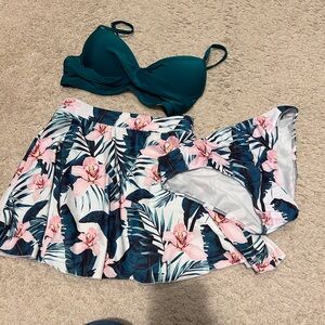 Teal Bikini Top with Floral Skirt